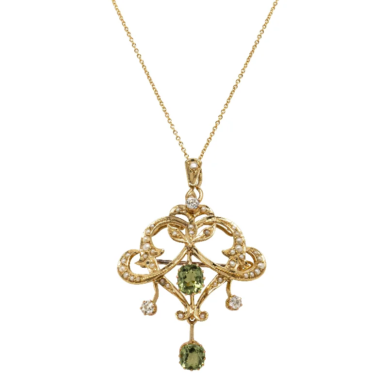 Vintage 14ct Yellow Gold Peridot, Diamond & Seed Pearl Pendant