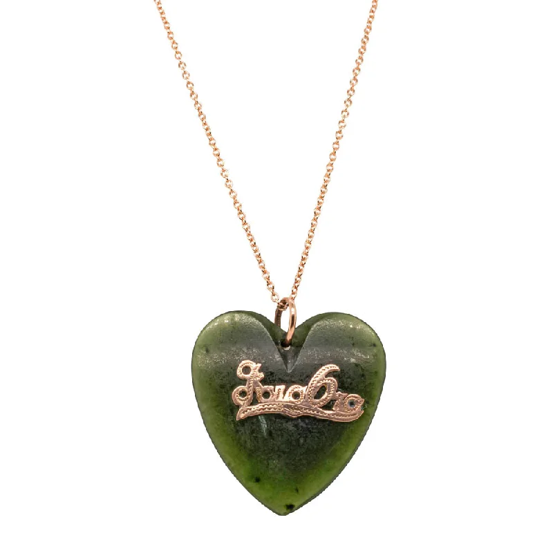 Vintage 9ct Rose Gold Greenstone Heart Pendant With Chain