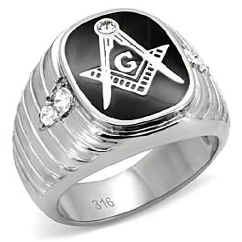 316 Stainless Steel Masonic Mason Men's Ring in Simulated Onyx