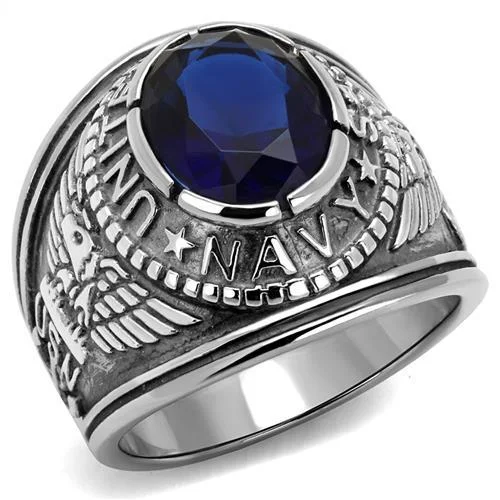 316 Stainless Steel Wide Band Navy Mens Sapphire CZ Ring