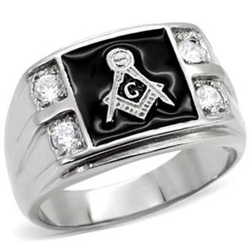 316L Stainless Steel Mason Mens Onyx & 4 CZ Ring