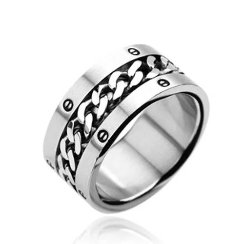 316L Stainless Steel with Chain Center Bolted Design Wide Band Ring