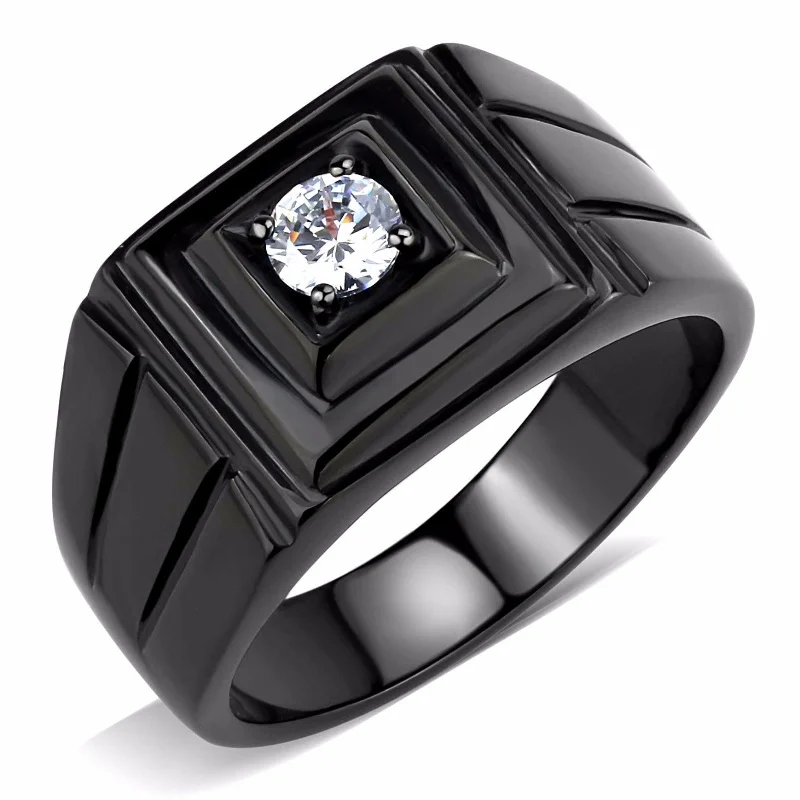 5x5mm Round Cut CZ Solitaire Black IP Stainless Steel Mens Ring