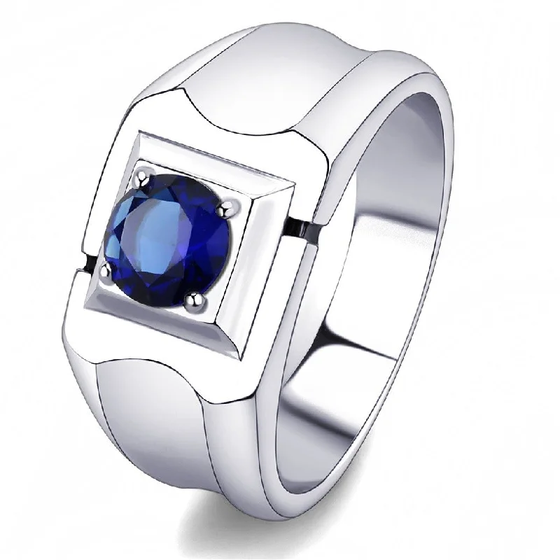 6.5mm Round Cut Montana Blue Sapphire CZ Solitaire Stainless Steel Mens Wedding Ring