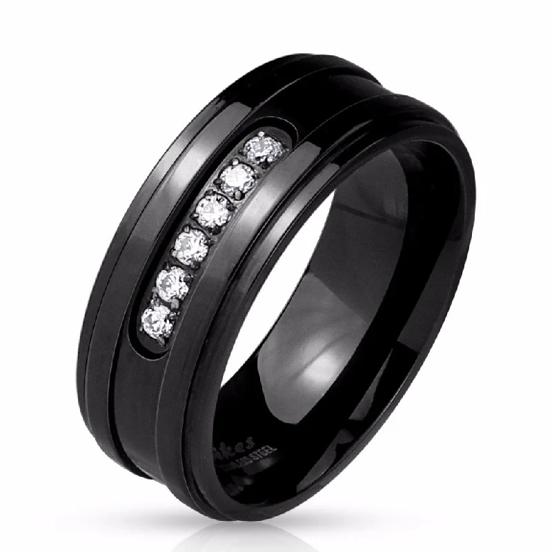 6 CZ Set Center Black Step Edge Stainless Steel Men's Ring