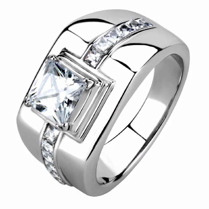 7x7mm Princess Cut CZ Center Small Princess CZ Side Stainless Steel Mens Ring