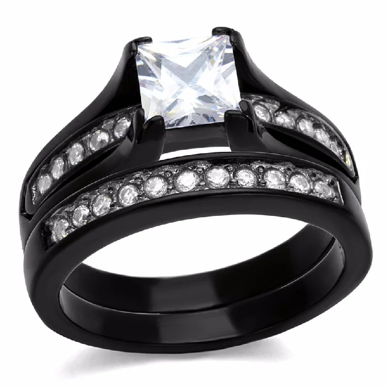 Women's 7x7mm Princess Cut CZ Black IP Stainless Steel Wedding Ring Set