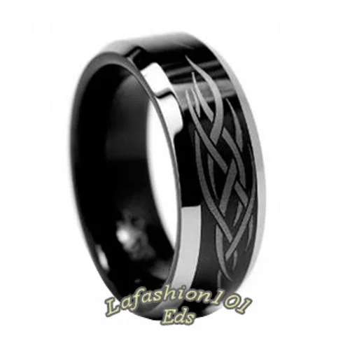 8mm Black Ion Plated Laser Engraved Tungsten Carbide Mens Wedding Band