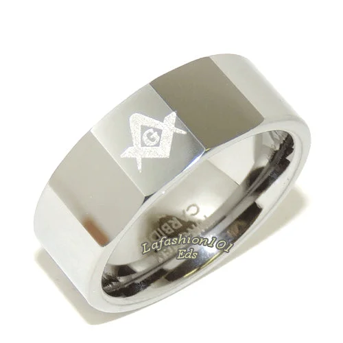 8mm High Polish Tungsten Carbide Mens Masonic Freemason Ring