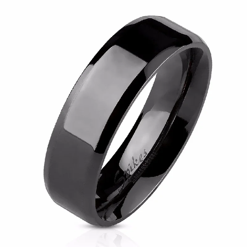 Beveled Edge Flat Band Black IP Over Stainless Steel Men's or Women's Band Ring