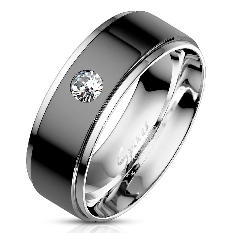 Bezel Set CZ on Black IP Center Men's Stainless Steel Ring with Stepped Edges