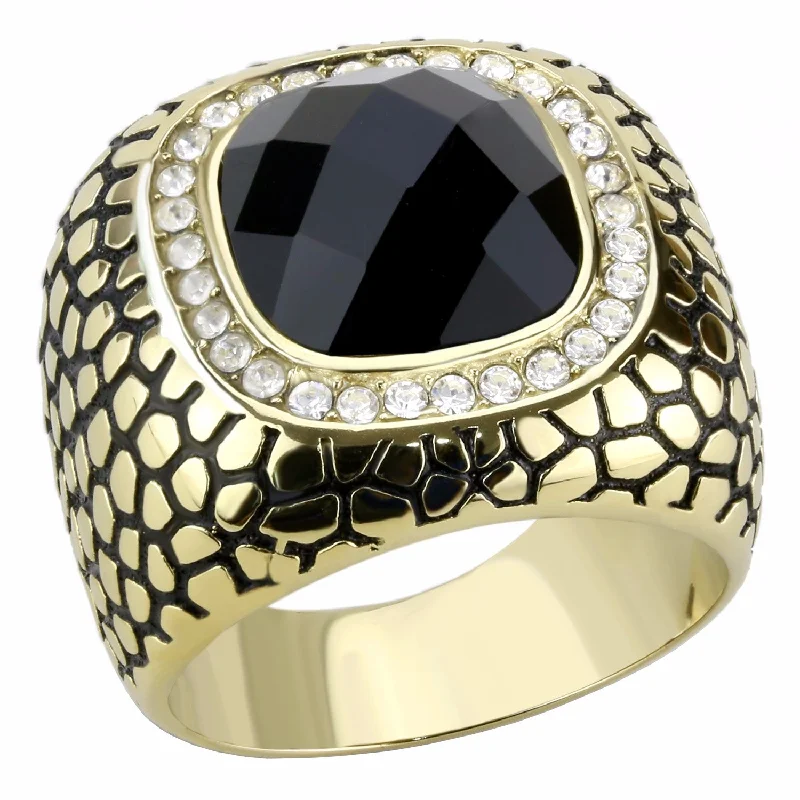 Big 12x12mm Black Synthetic Multiple Cut Stone Gold IP Stainless Steel Ring