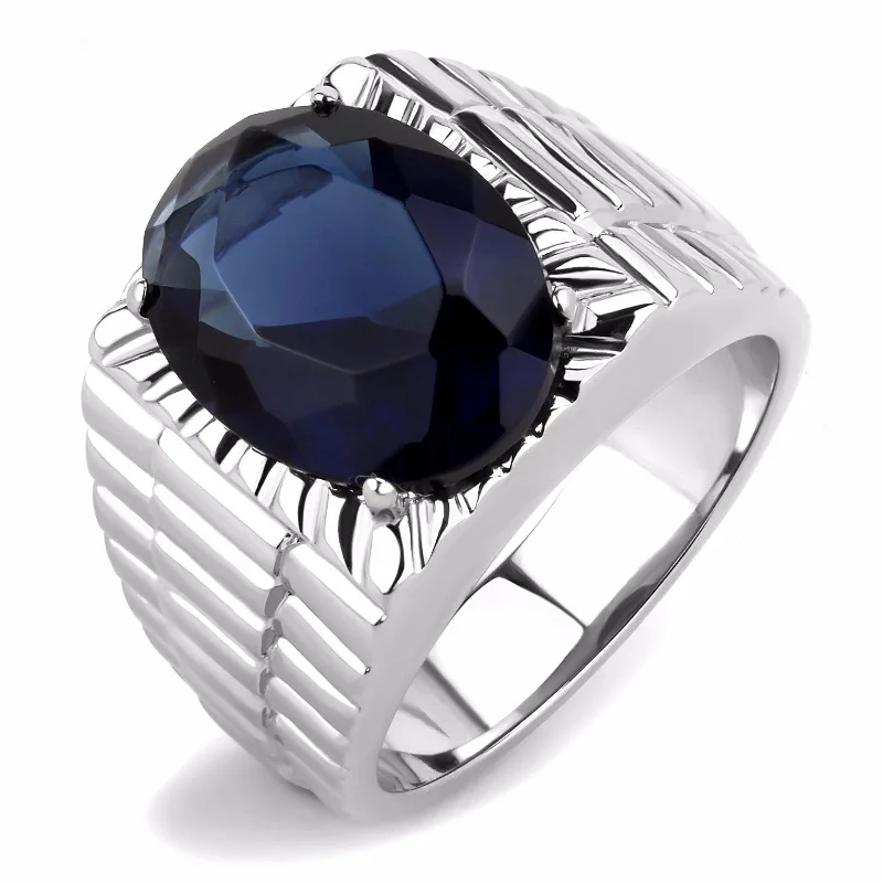 Big 16x12mm Oval Cut Deep Blue Sapphire CZ Solitaire Stainless Steel Mens Ring