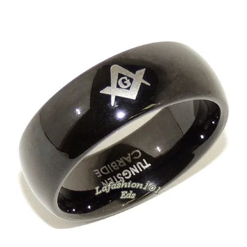 Black Ion Plated Tungsten Carbide Mens Masonic Mason Ring