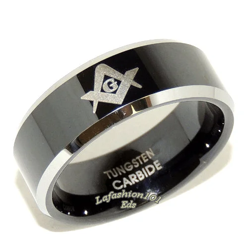 Black Ion Plated Tungsten Mens Masonic Freemason Beveled Edge Ring Band