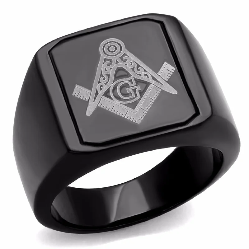 Black IP Stainless Steel Masonic Men's Wide Band Ring