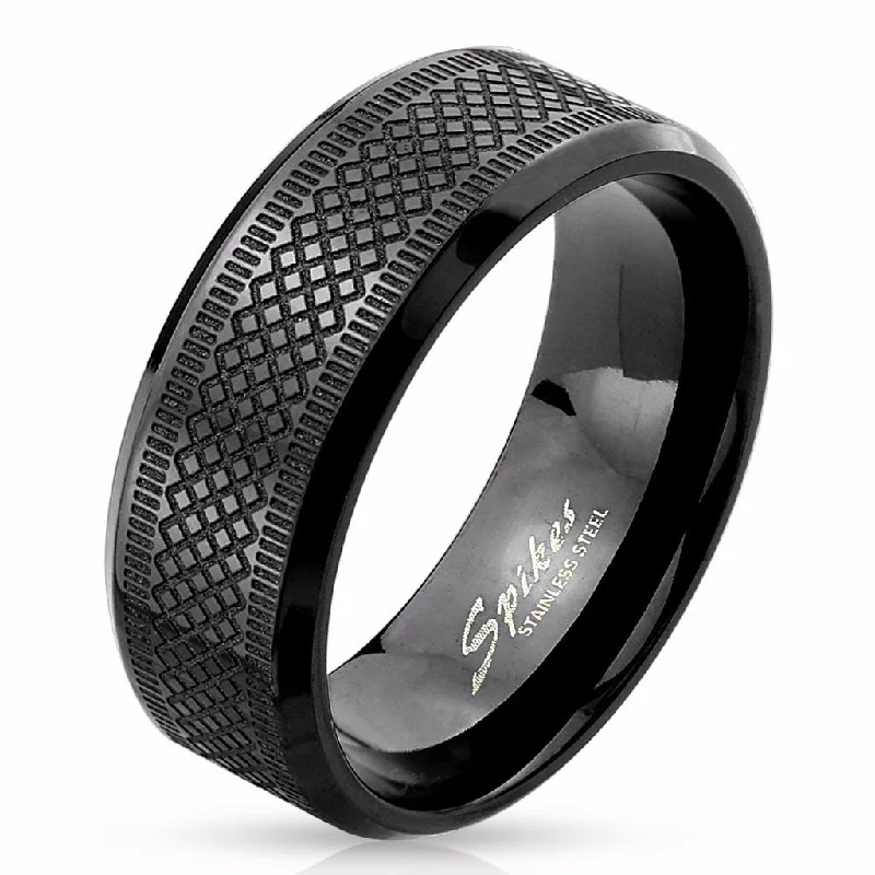 Diamond Grooved Black IP 316 Stainless Steel Men's Ring