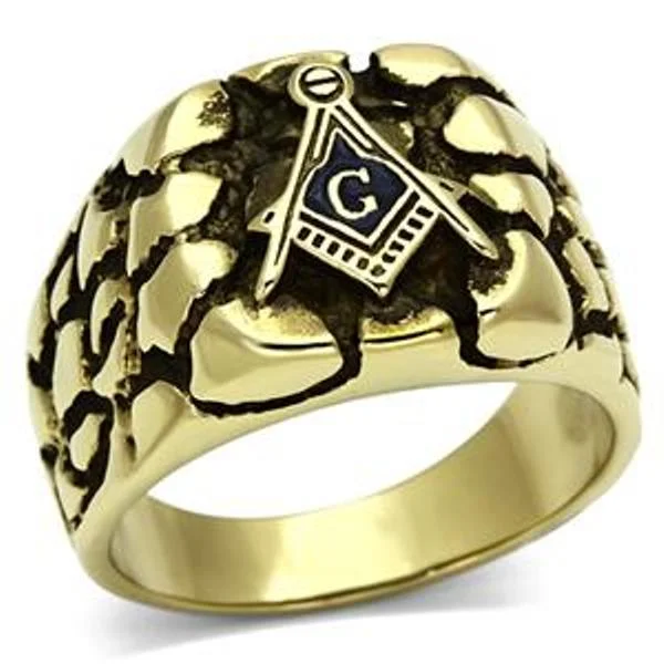 Gold Ion Plated Stainless Steel Rugged Masonic Mason Mens Ring