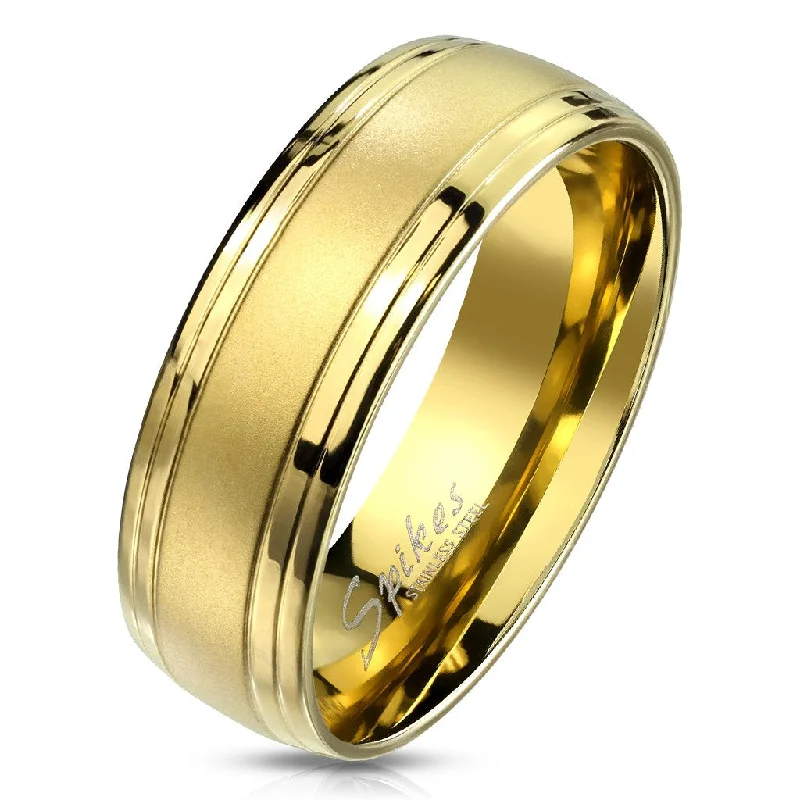 Gold IP Brushed Center and Double Grooved Lines Men's Stainless Steel Ring