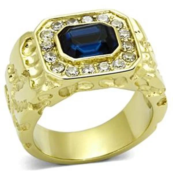 Gold IP Stainless Steel Simulated Sapphire Mens Ring