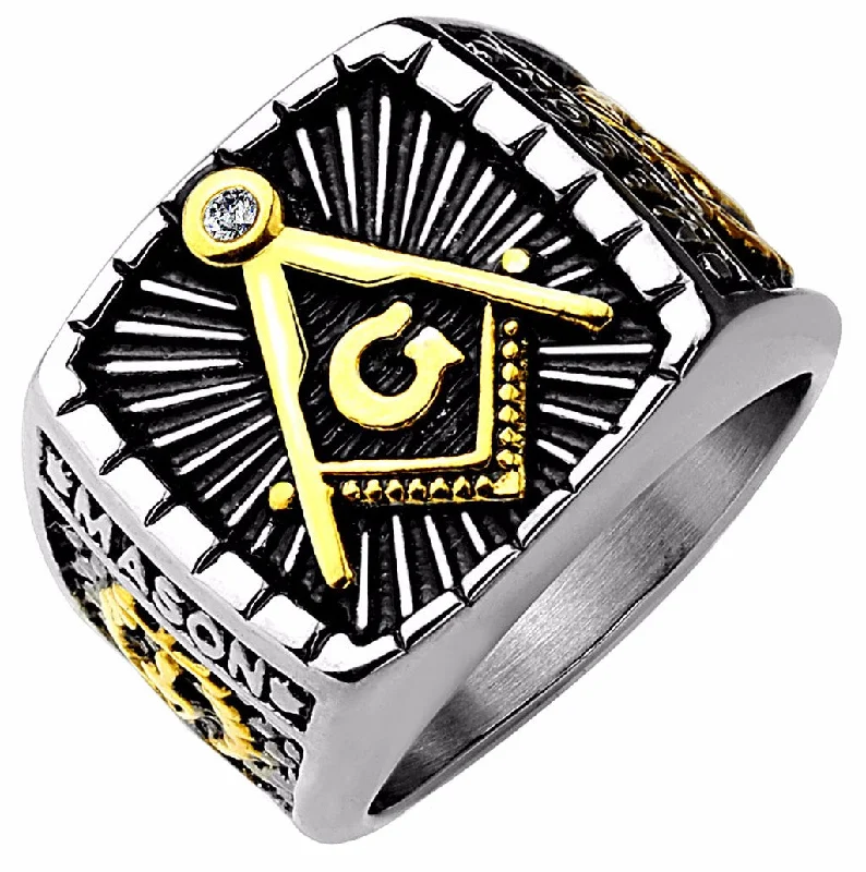 IP Gold And Burnish Steel 2-Tone Square Face Masonic Stainless Steel Casting Ring