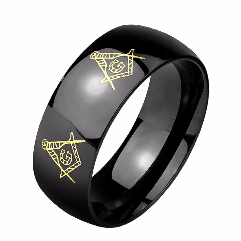 Masonic Symbols Engraved Around Black IP Stainless Steel Ring