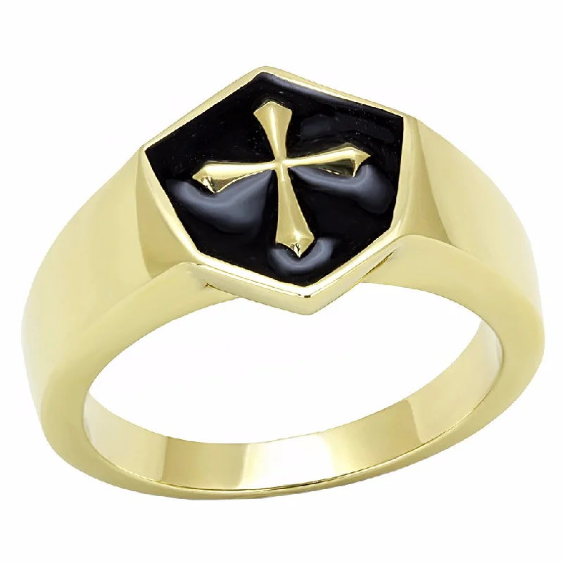 Medieval Cross in Black background Shield Shape Gold IP Stainless Steel Ring