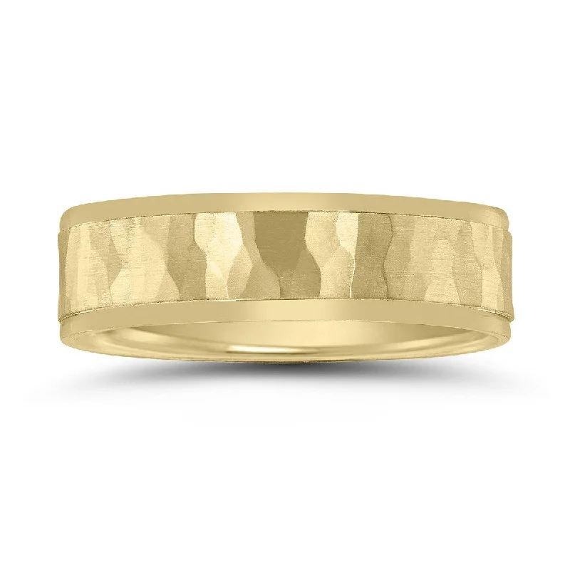 Men's 10K Yellow Gold 6mm Wedding Band with Hammered Center