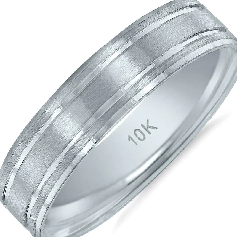 Men's 5mm Wedding Band with Bright Grooves and Emery Finish in 10K White Gold