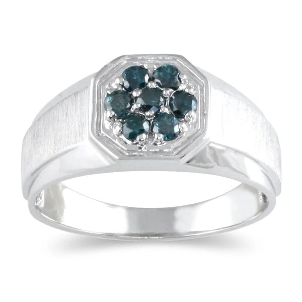 Men's Blue Diamond Cluster Ring in 14k White Gold