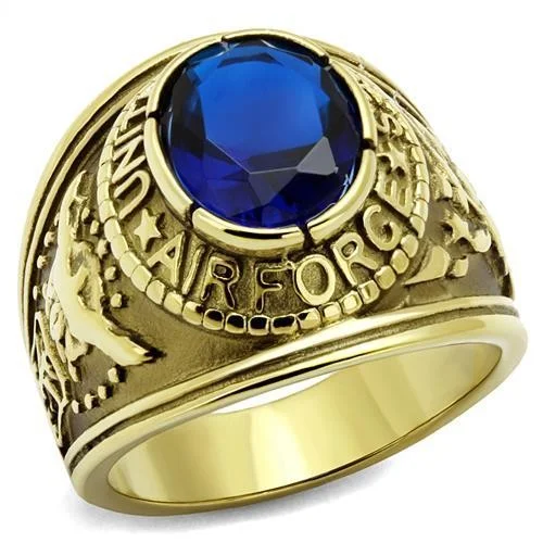 Men's Gold IP Stainless Steel Wide Band Air Force Sapphire CZ Ring