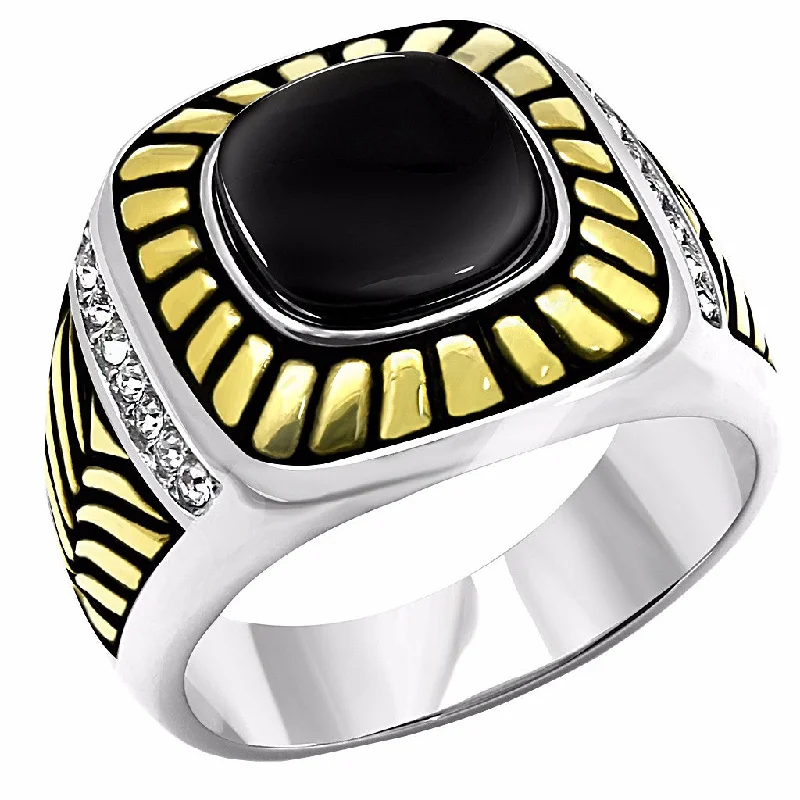 Onyx Center with Top Crystal Set in Two-Tone Gold IP Stainless Steel Mens Ring