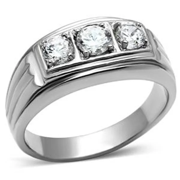 Three CZ Stone Stainless Steel Never Tarnish Mens Wedding Ring