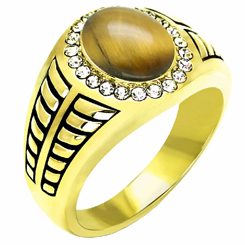 Tiger Eye Gemstone with Top Crystal Set in Gold IP Stainless Steel Mens Ring