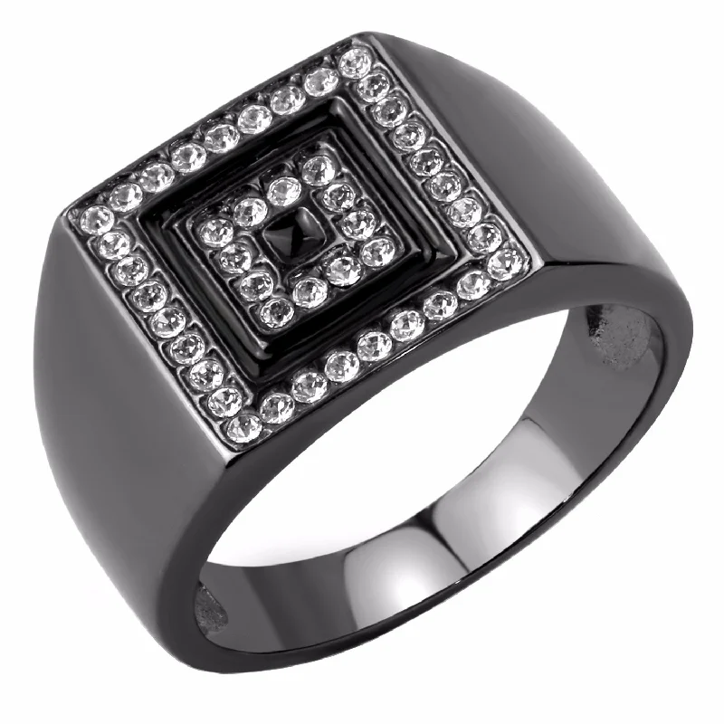 Top Grade Crystal Set Square in Square Light Black IP Stainless Steel Mens Ring