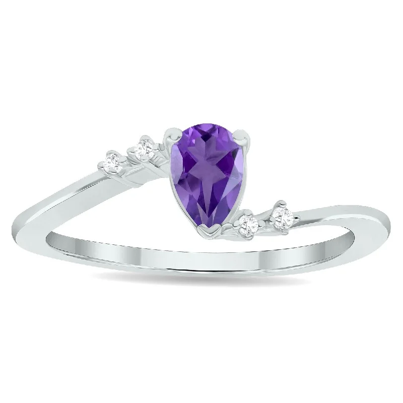 Women's Amethyst and Diamond Wave Ring in 10K White Gold