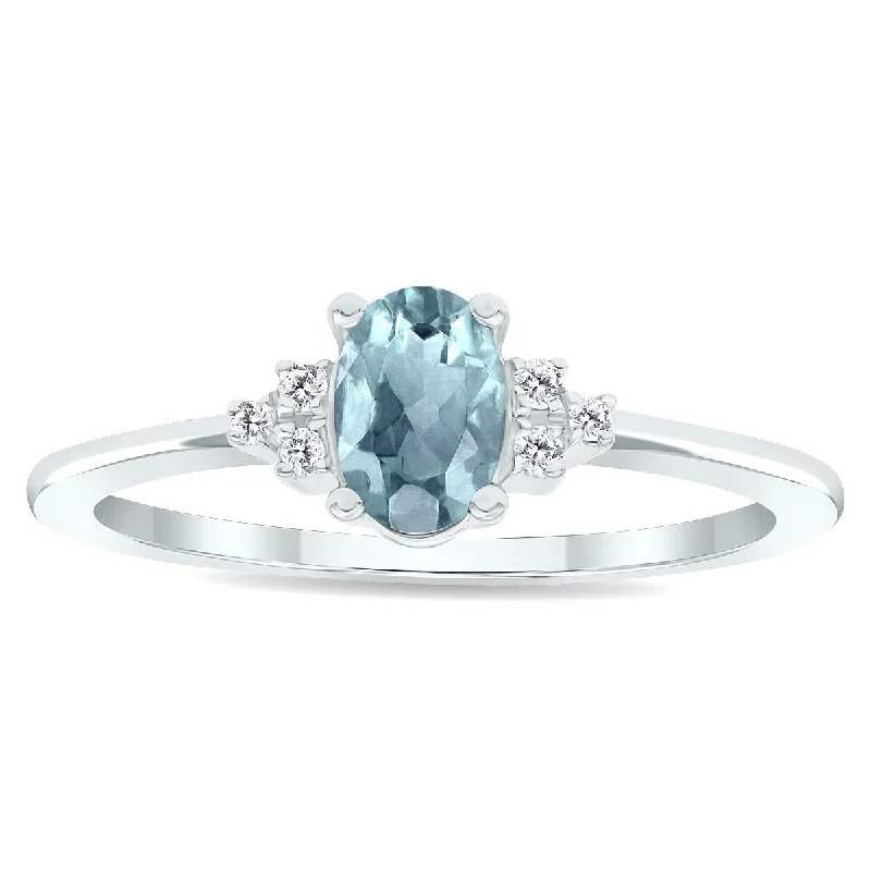 Women's Aquamarine and Diamond Half Moon Ring in 10K White Gold