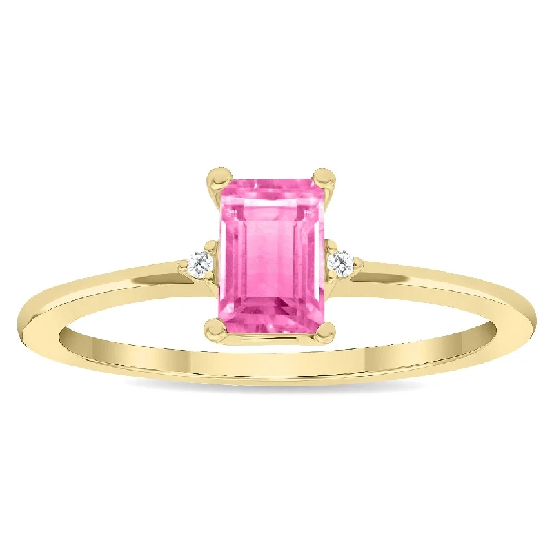 Women's Emerald Cut Pink Topaz and Diamond Classic Band in 10K Yellow Gold