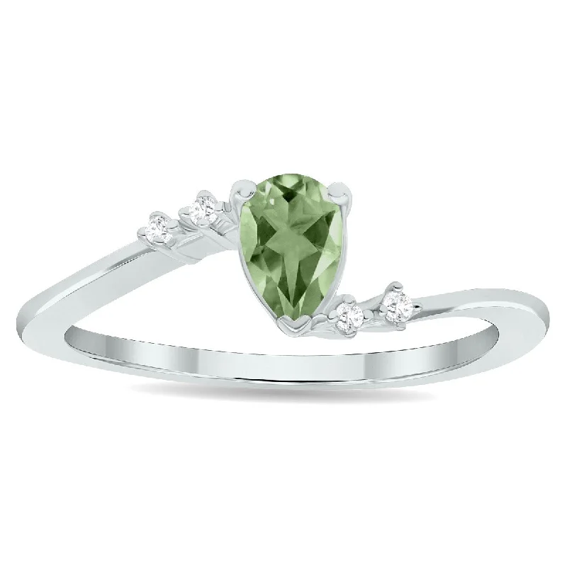 Women's Green Amethyst and Diamond Wave Ring in 10K White Gold