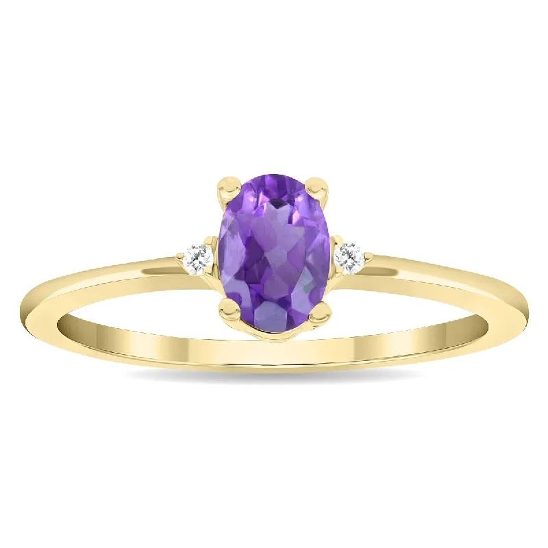 Women's Oval Shaped Amethyst and Diamond Classic Band in 10K Yellow Gold