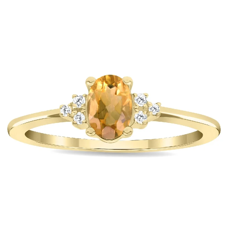 Women's Oval Shaped Citrine and Diamond Half Moon Ring in 10K Yellow Gold