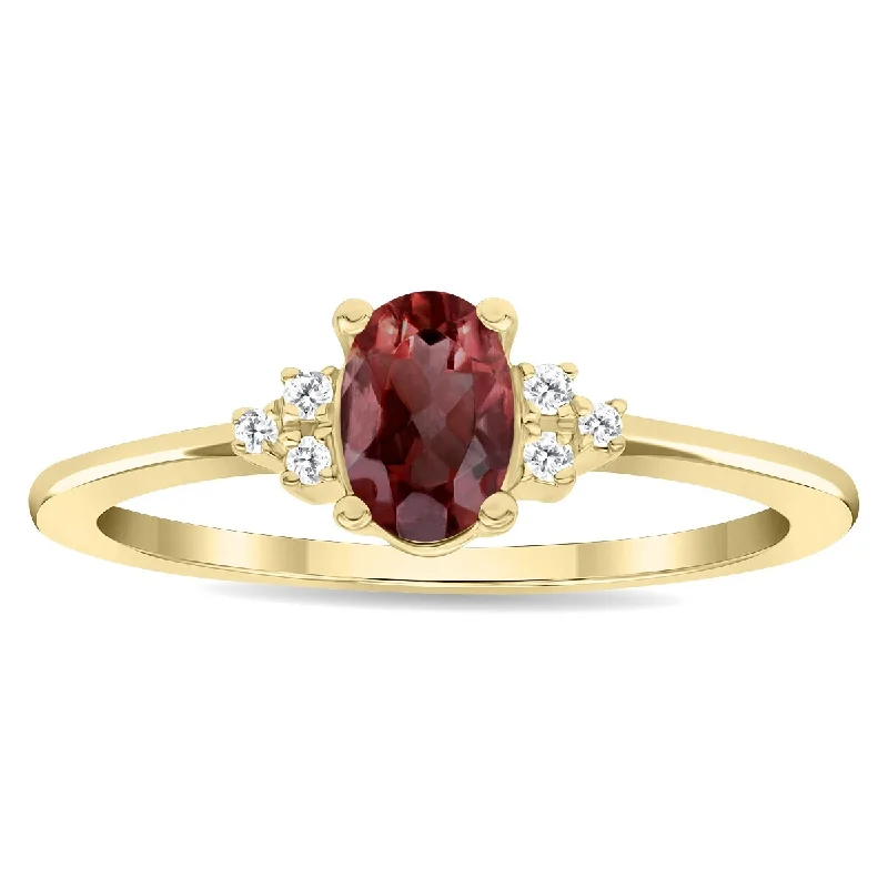 Women's Oval Shaped Garnet and Diamond Half Moon Ring in 10K Yellow Gold