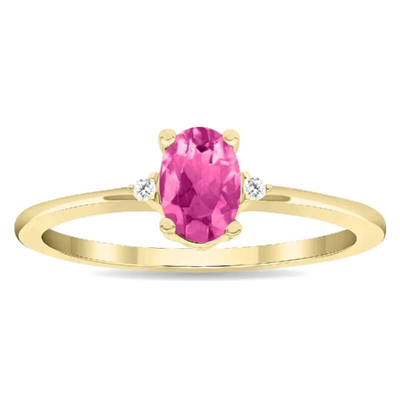 Women's Oval Shaped Pink Topaz and Diamond Classic Band in 10K Yellow Gold