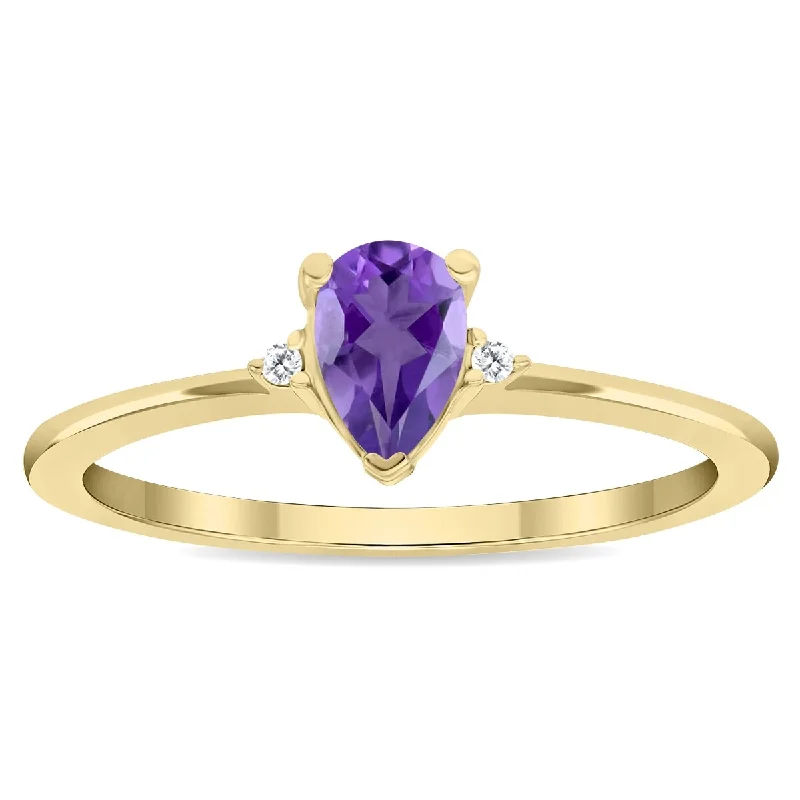 Women's Pear Shaped Amethyst and Diamond Classic Band in 10K Yellow Gold