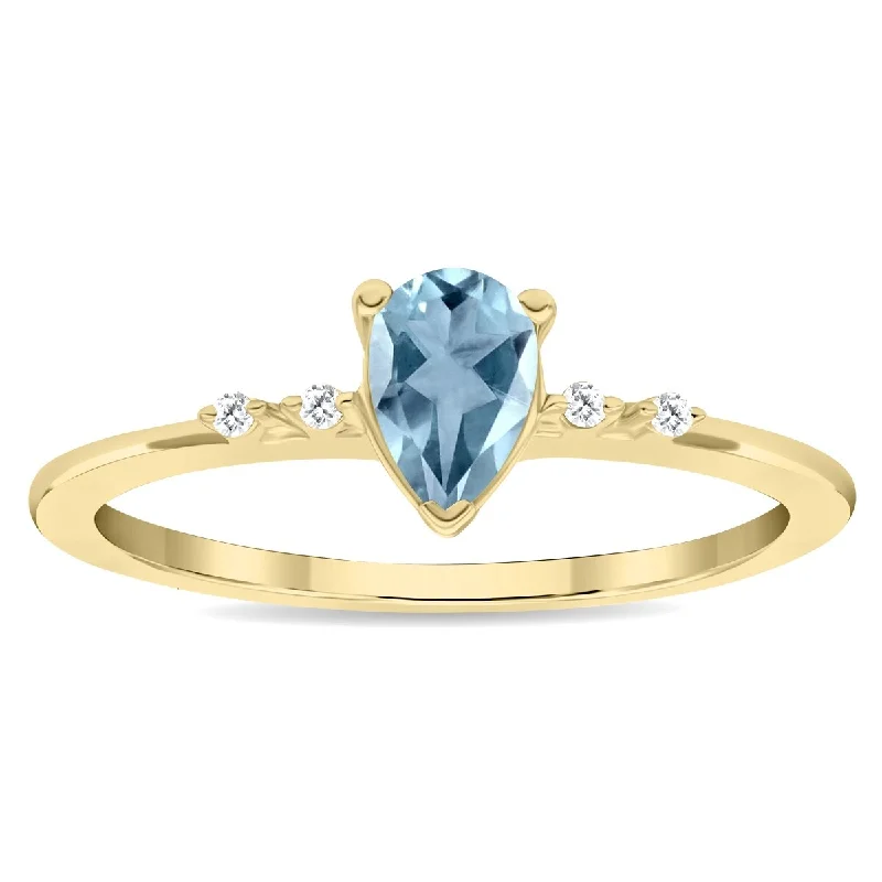 Women's Pear Shaped Aquamarine and Diamond Sparkle Ring in 10K Yellow Gold