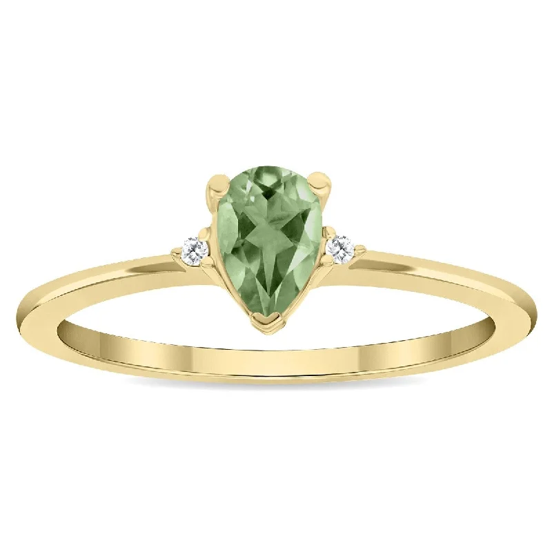 Women's Pear Shaped Green Amethyst and Diamond Classic Band in 10K Yellow Gold