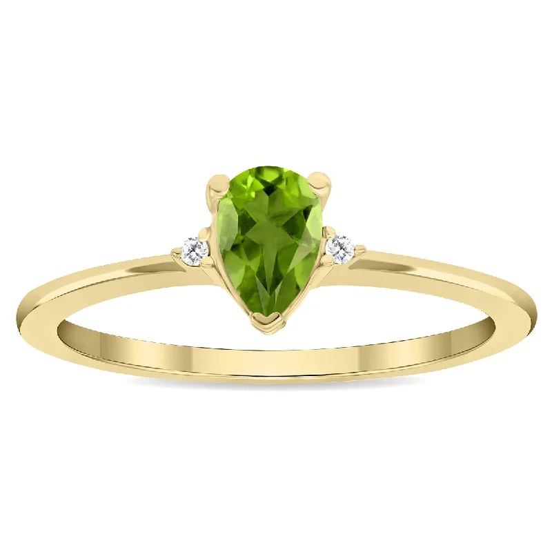 Women's Pear Shaped Peridot and Diamond Classic Band in 10K Yellow Gold