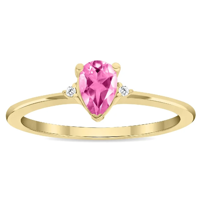 Women's Pear Shaped Pink Topaz and Diamond Classic Band in 10K Yellow Gold