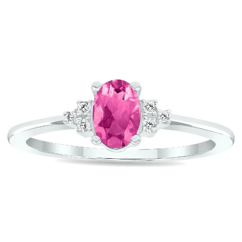 Women's Pink Topaz and Diamond Half Moon Ring in 10K White Gold