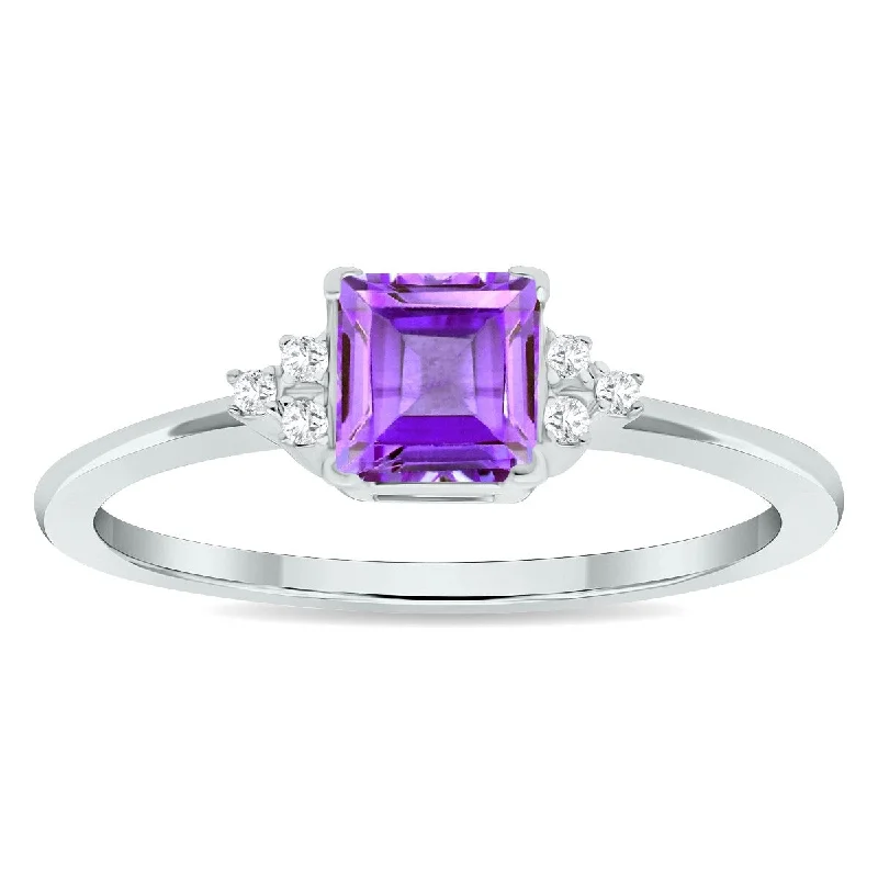 Women's Princess Cut Amethyst and Diamond Half Moon Ring in 10K White Gold